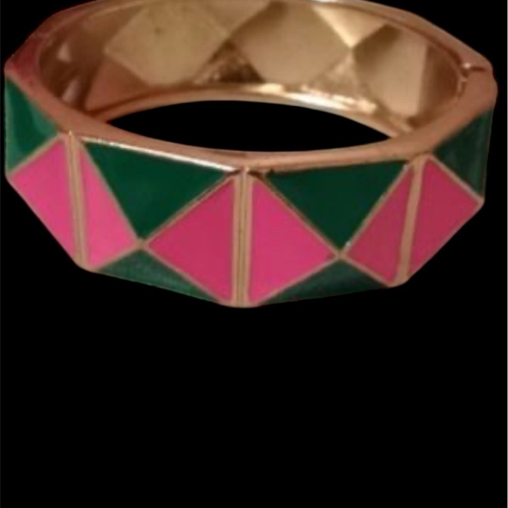 Vintage style Geometric Pink and Green hinge cuff Bangle - Picture 2 of 6